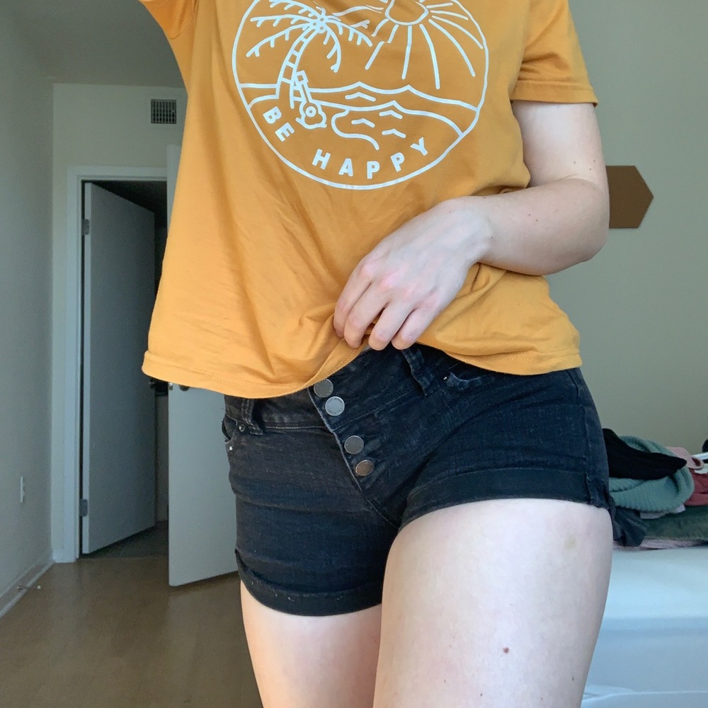 4-Button Black Denim Shorts